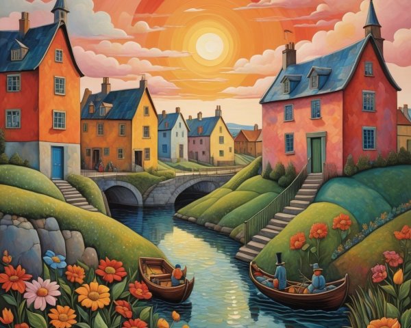 Vibrant Village Landscape with Colorful Houses and River