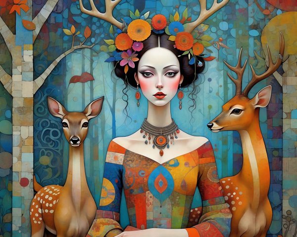 Illustration of a woman with antlers and floral adornments