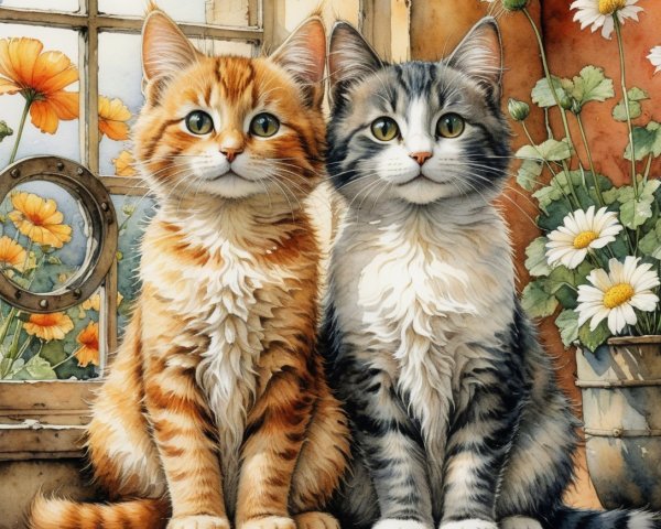 Cats Relaxing by a Rustic Window with Flowers