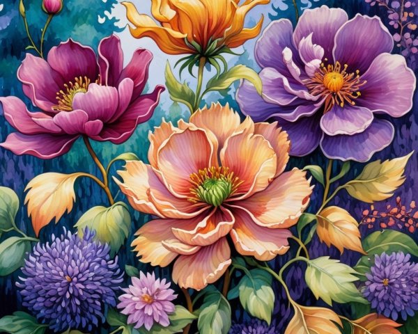 Vibrant Flowers in Lush Greenery Artwork Description