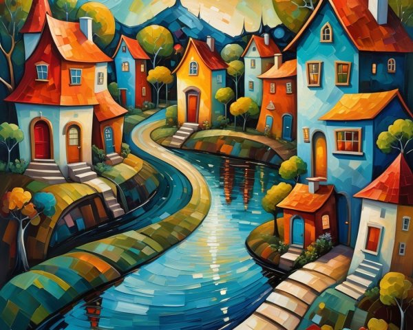 Vibrant Oil Painting of a Village with River Scene