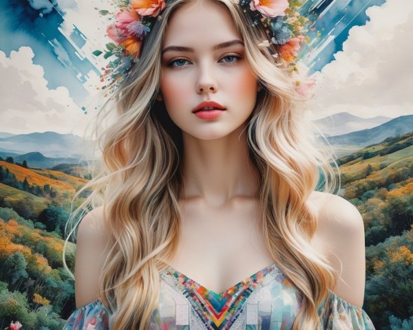 Portrait of a Young Woman in Vibrant Landscape
