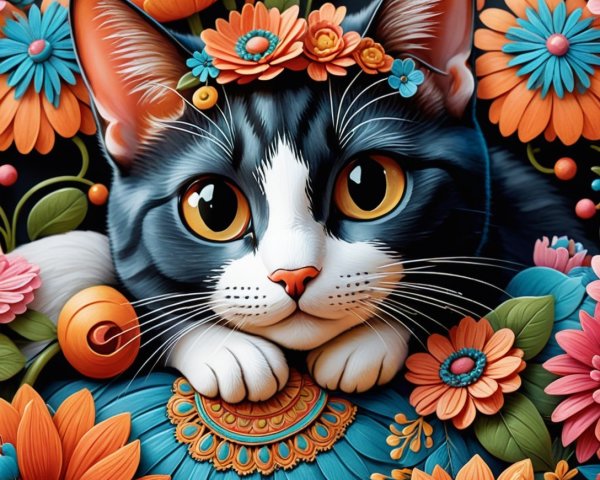 Charming Cat Illustration with Floral Crown and Colors