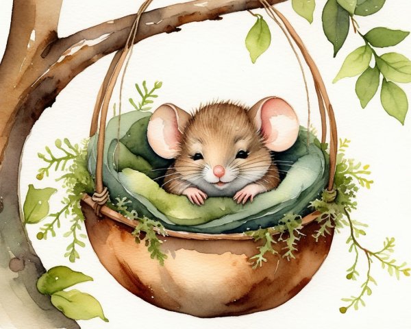 Fluffy Mouse in Cozy Nest Surrounded by Greenery