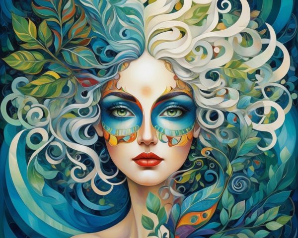 Stylized woman with vibrant hair and nature elements