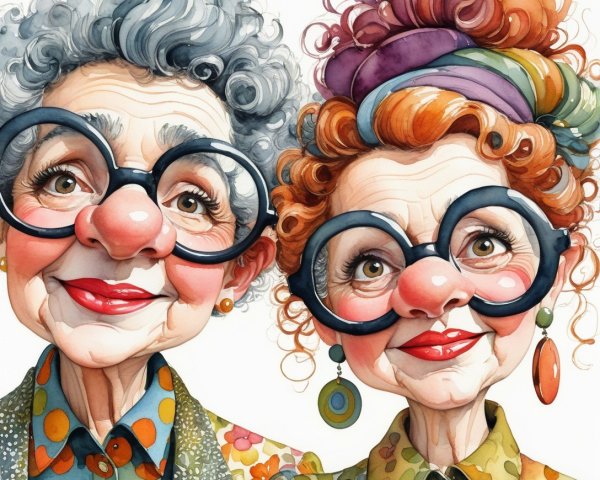 Cheerful elderly women with oversized glasses and vibrant outfits