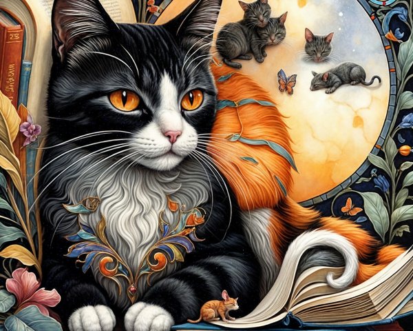 Black and white cat with orange eyes among books and flowers