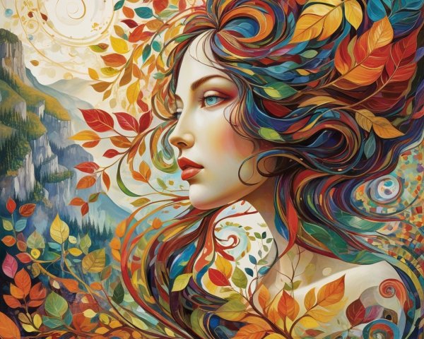 Woman with Colorful Leaf Hair in Natural Landscape