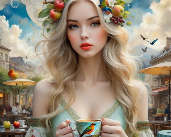 Serene Young Woman with Floral Adornments in Café Scene