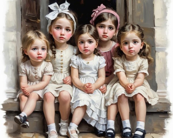 Group of Five Girls in Vintage Dresses on Stone Step