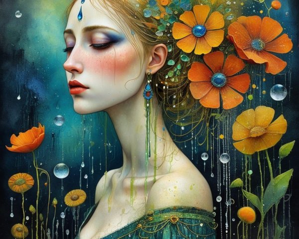 Serene Female Figure with Orange Flowers and Water Droplets