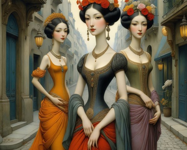 Elegantly Dressed Women on Cobblestone Street