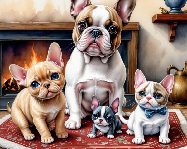 Bulldogs and Cat by Fireplace on Oriental Rug