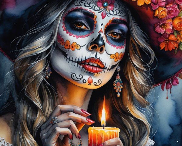Portrait of a woman with sugar skull makeup and flowers