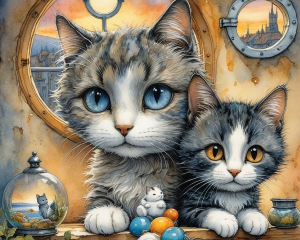 Cats by Porthole with Sunset and Whimsical Decor