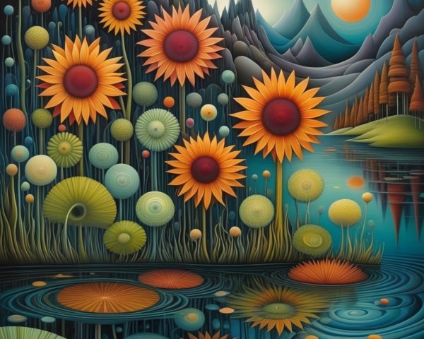 Vibrant Landscape with Sunflowers and Serene Lake