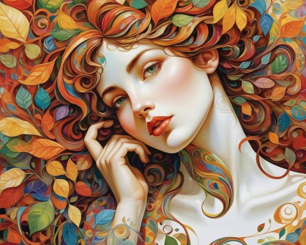 Portrait of a woman with vibrant hair in autumn leaves