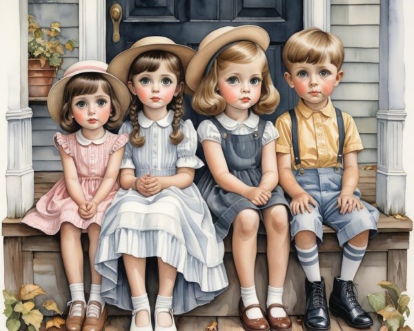 Children on Steps in Pastel Attire with Autumn Leaves
