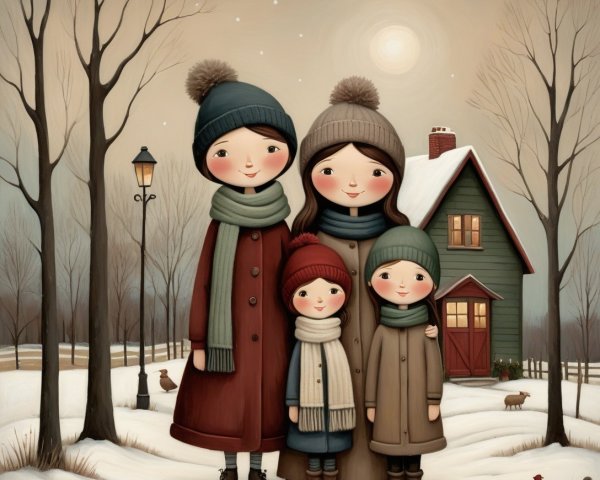 Whimsical Figures in a Serene Winter Landscape