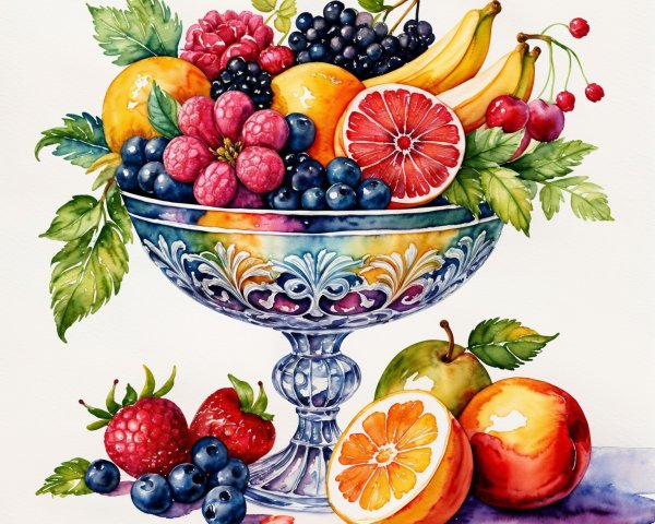 Watercolor Illustration of Fruit in Glass Bowl