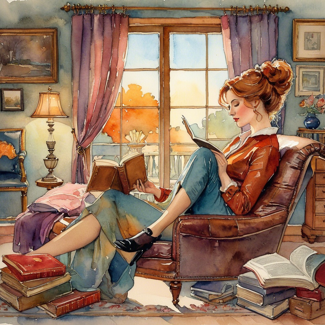 Cozy Living Room with Woman Reading in Sunlight