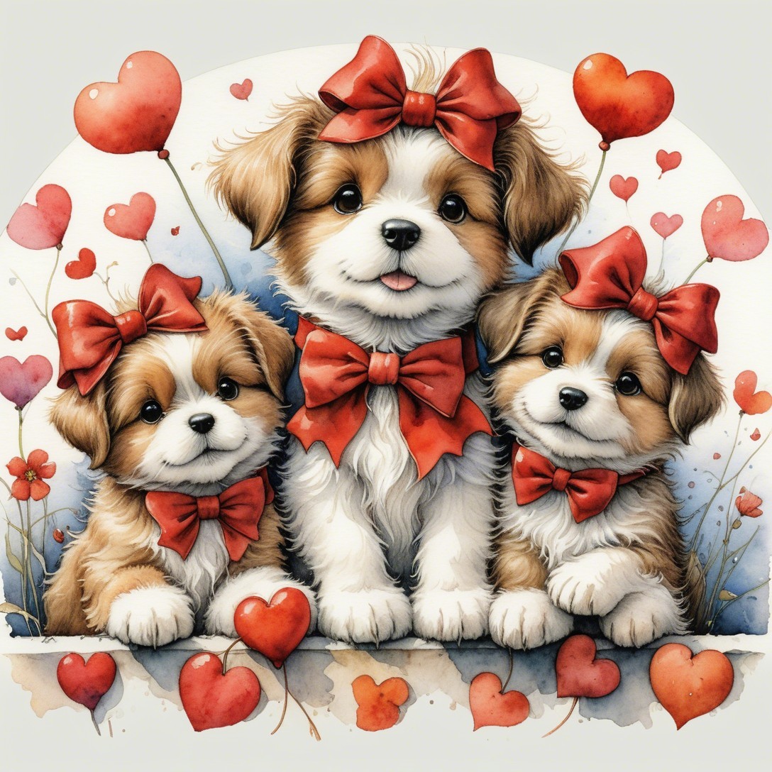 Three Adorable Puppies in Studio with Red Bows