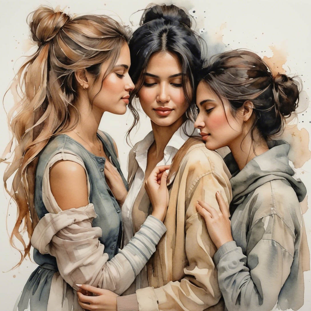 Three Women in Earth Tones with Watercolor Background