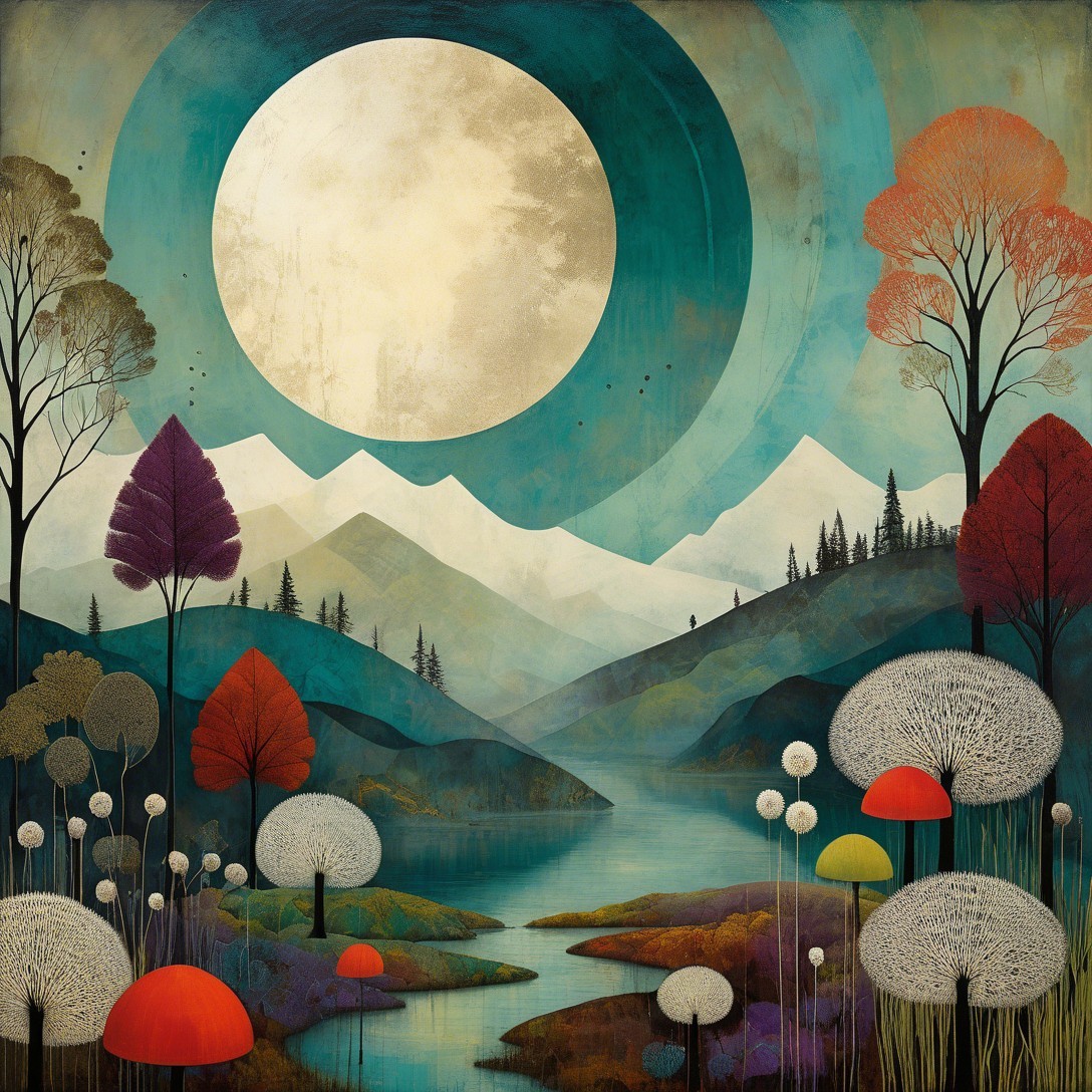 Serene Landscape with Moonlit Lake and Autumn Colors