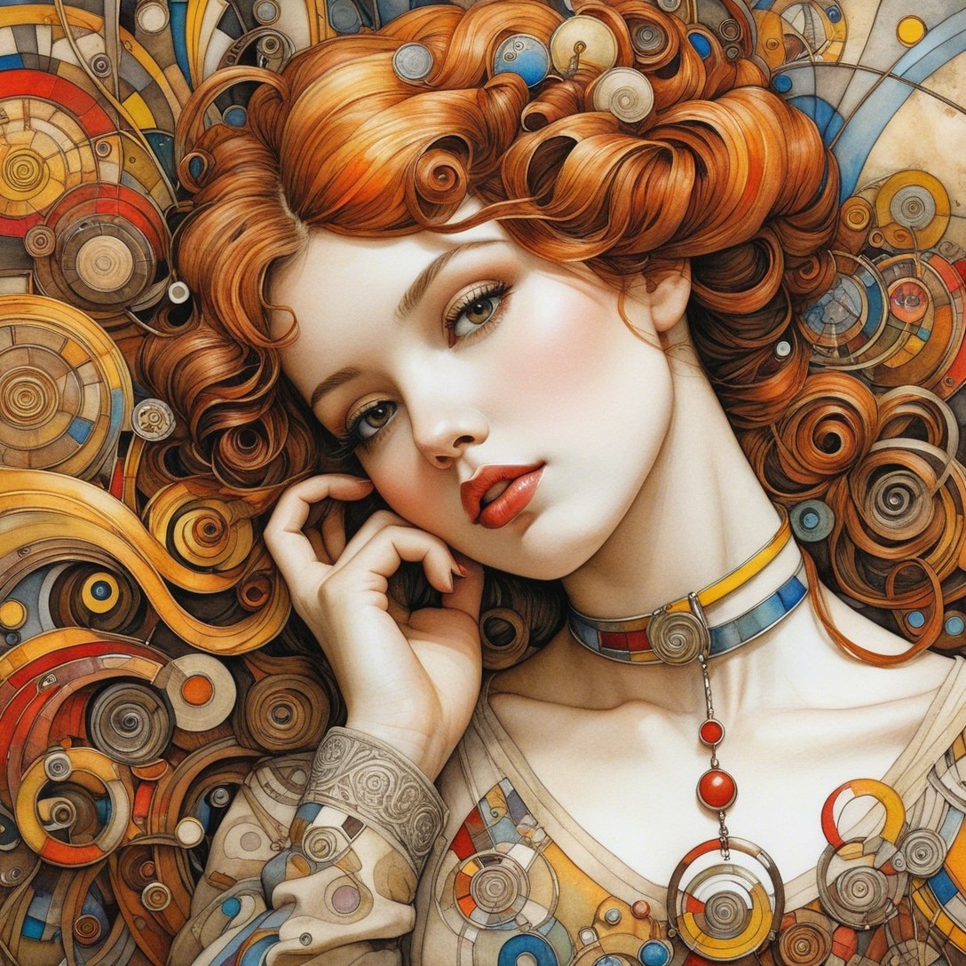 Stylized portrait of a woman with vibrant red hair