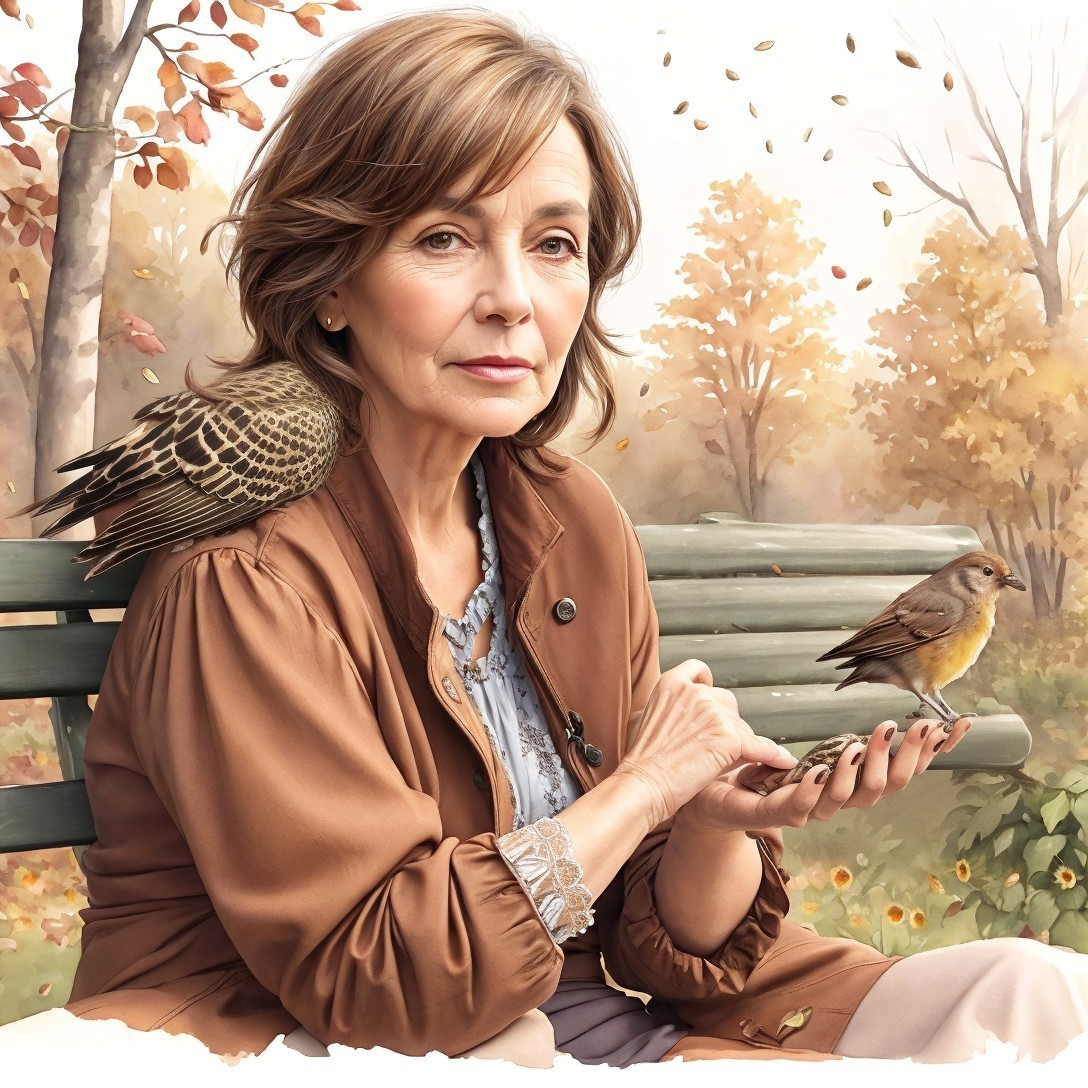 Mature Woman in Autumn Park with Birds on Hand