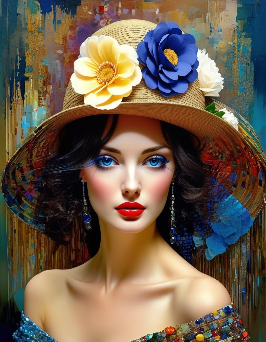 Portrait of a woman with blue eyes and red lips