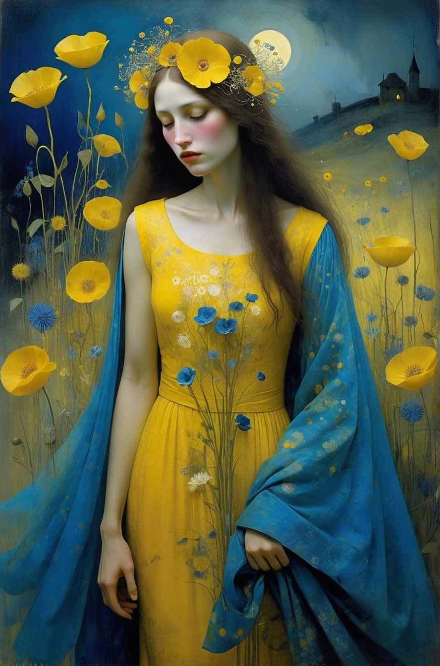 Serene figure in yellow gown among blooming flowers
