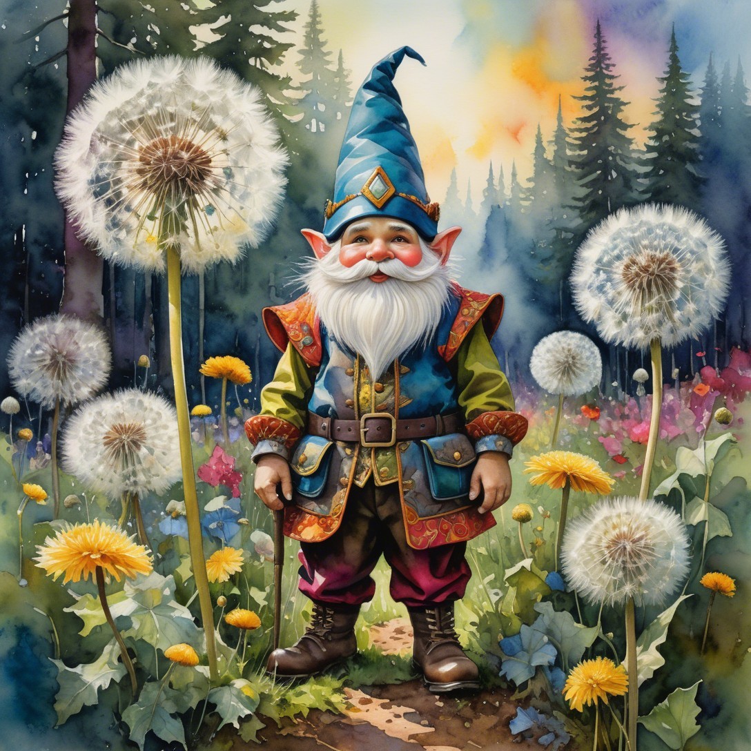 Watercolor portrait of a gnome in a forest setting