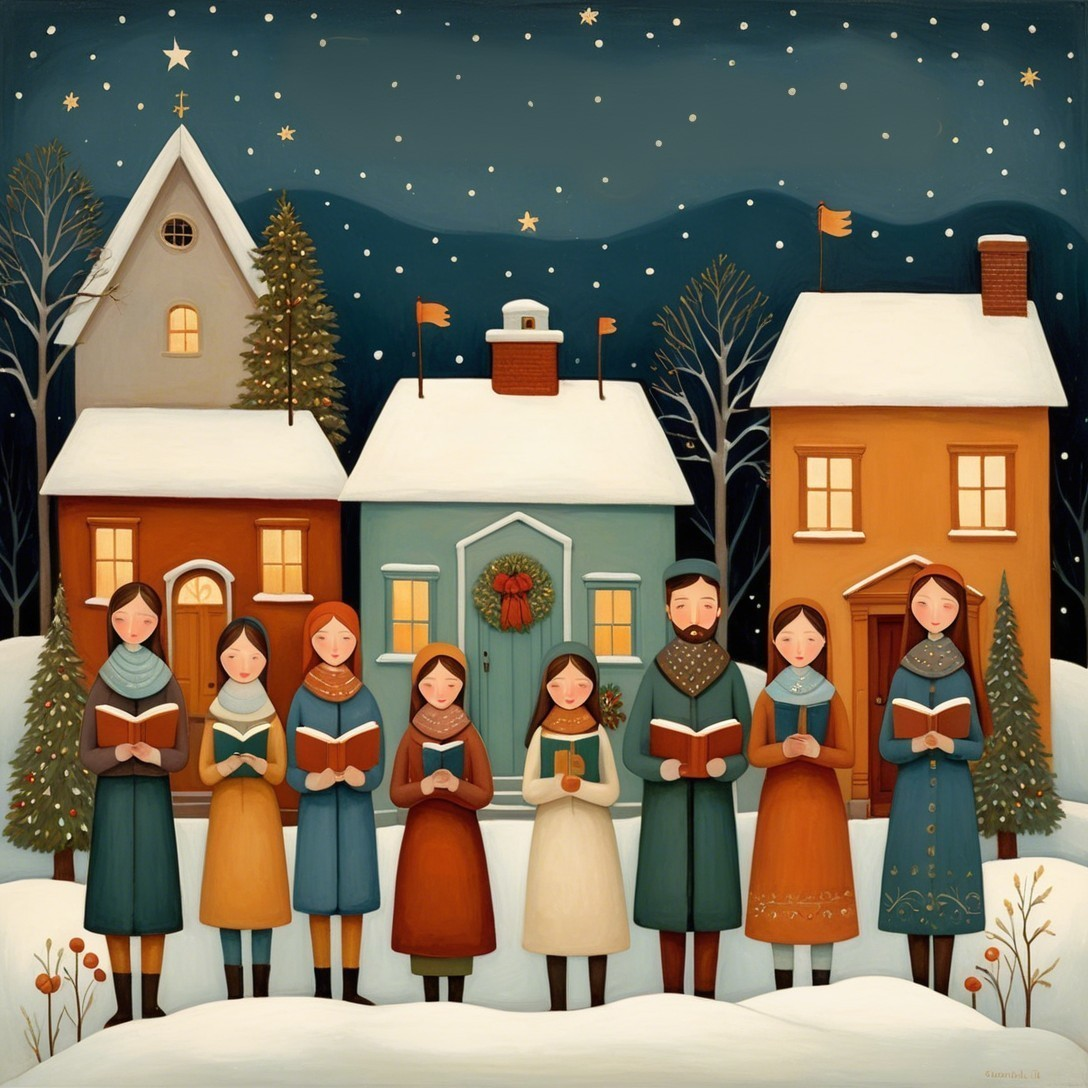 Winter Scene with Singers and Colorful Houses