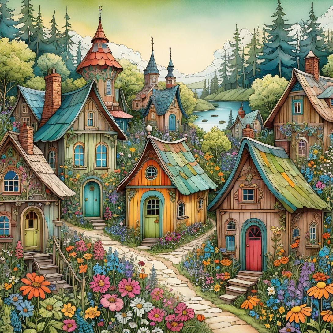 Whimsical Village with Colorful Houses and Nature
