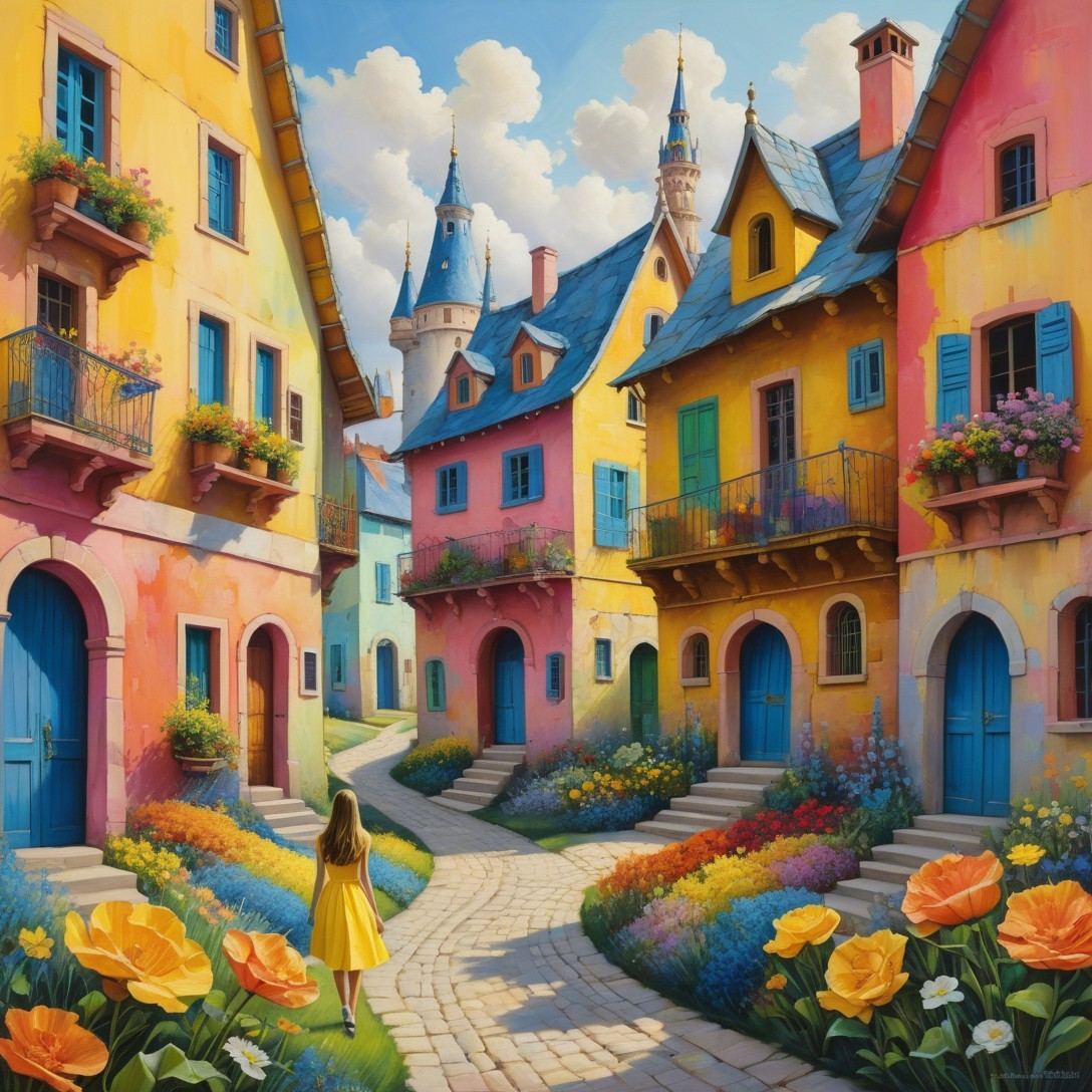 Picturesque Village with Colorful Houses and Flowers