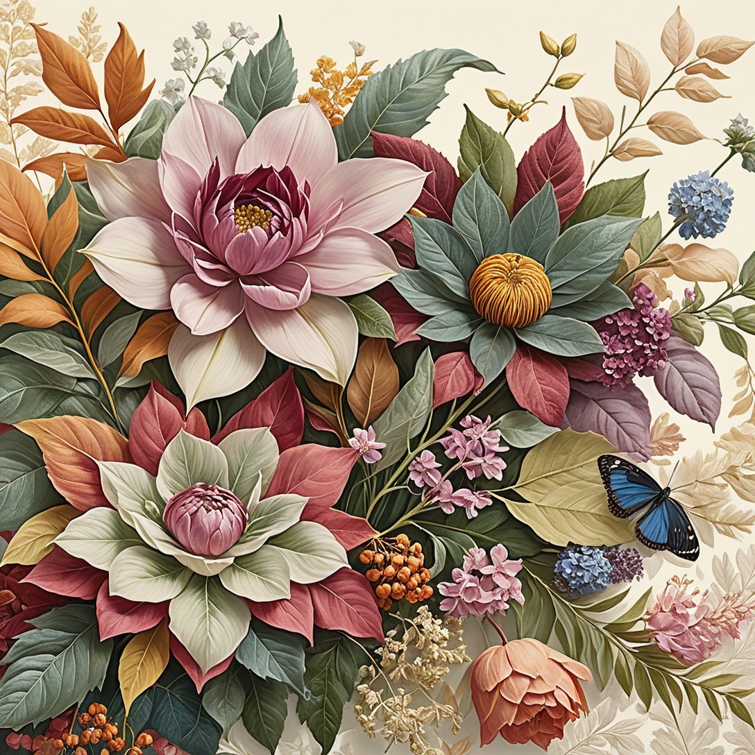 Vibrant Floral Composition with Lotus Flowers and Butterfly