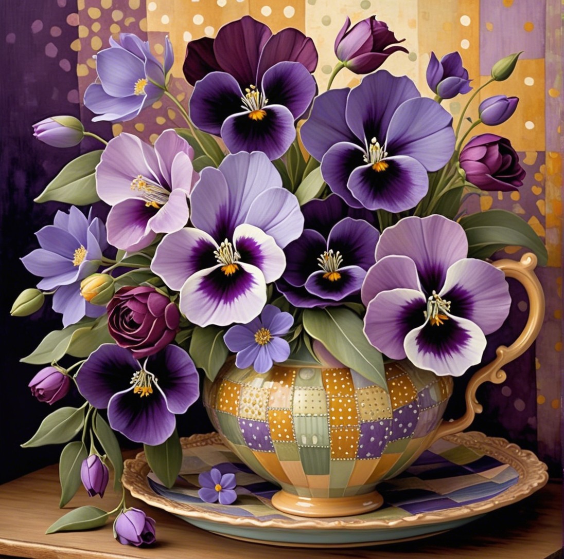 Vibrant Pansy Bouquet in Patterned Teapot Arrangement