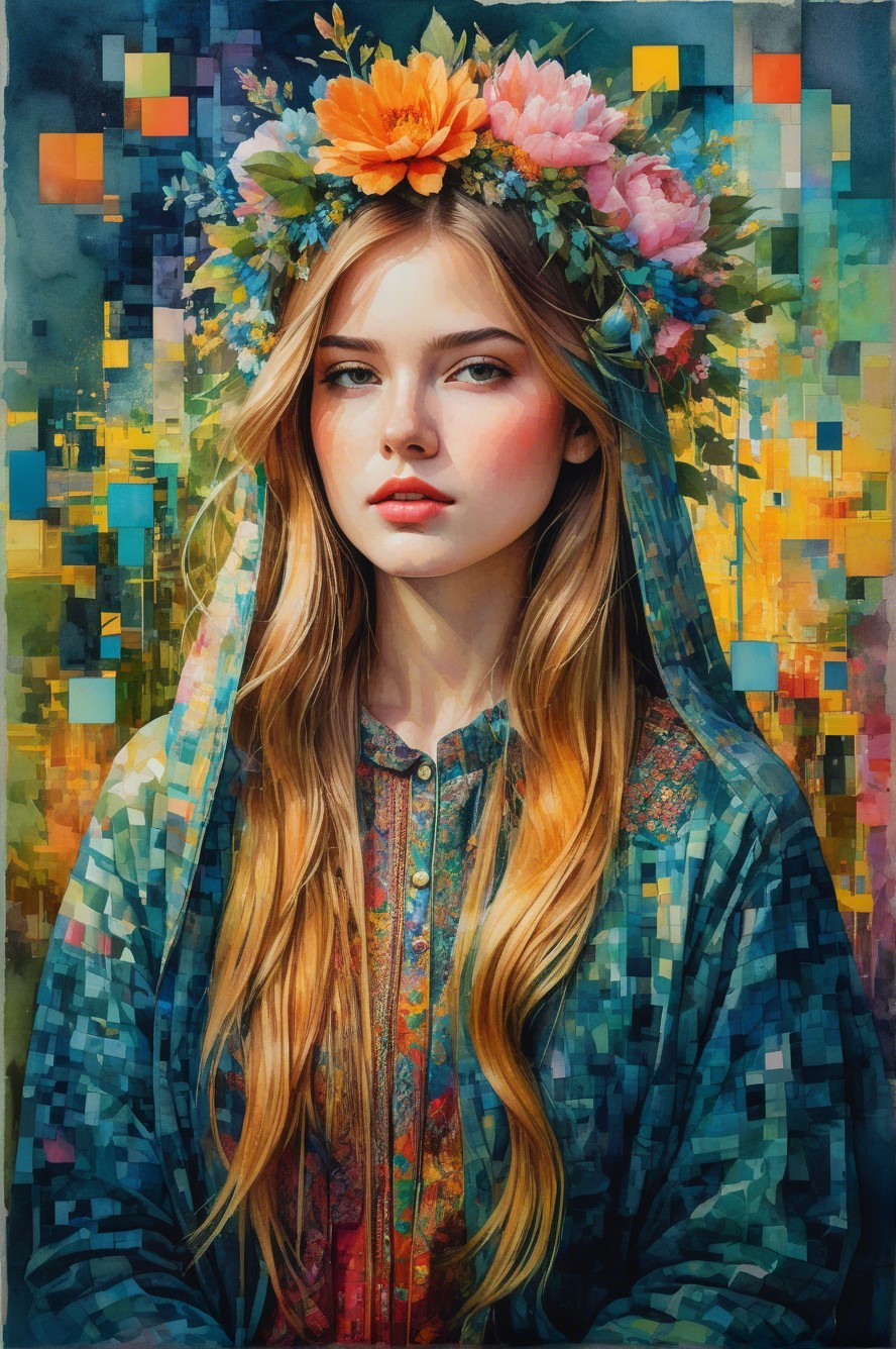Young woman with floral crown in colorful abstract setting