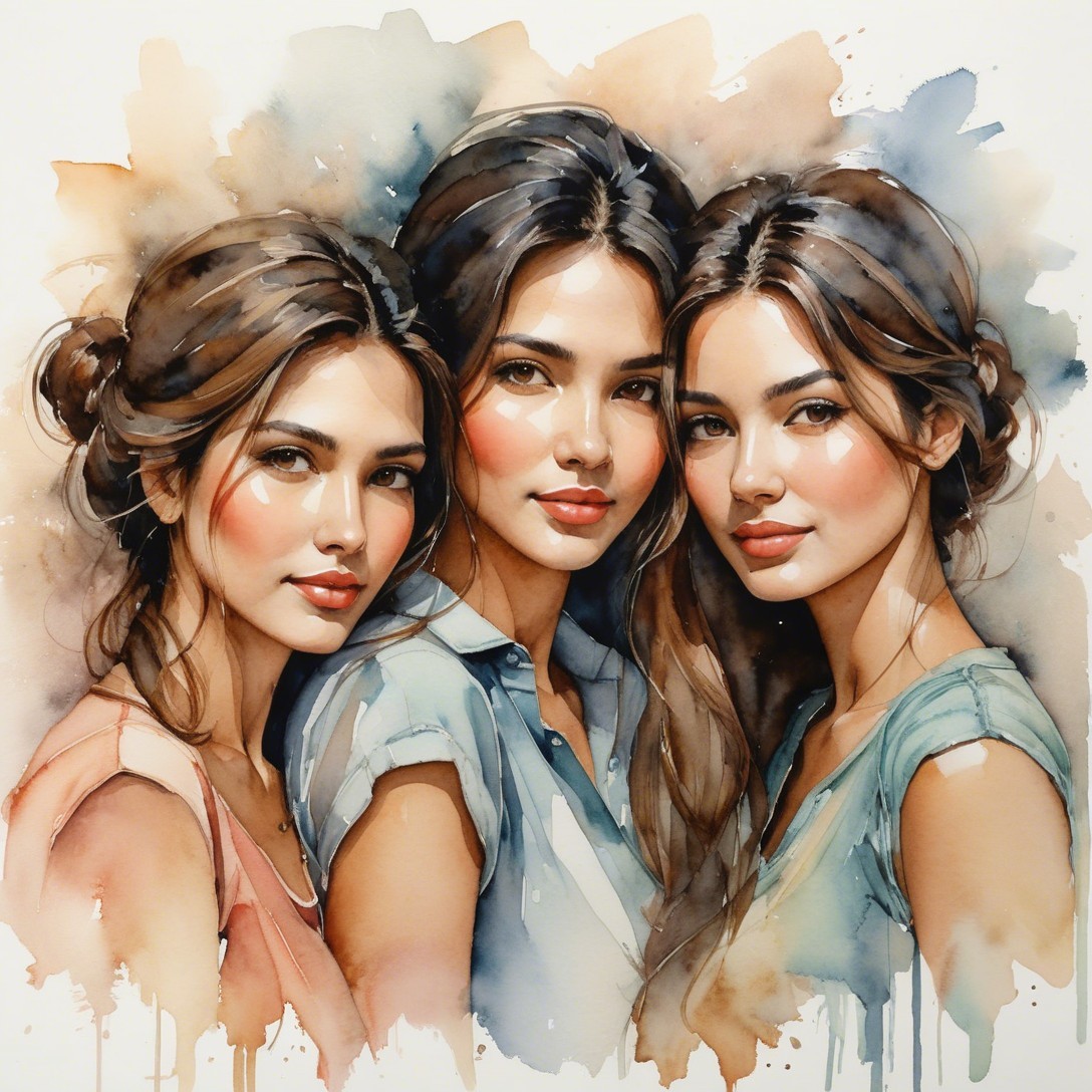 Watercolor Illustration of Three Women with Flowing Hair
