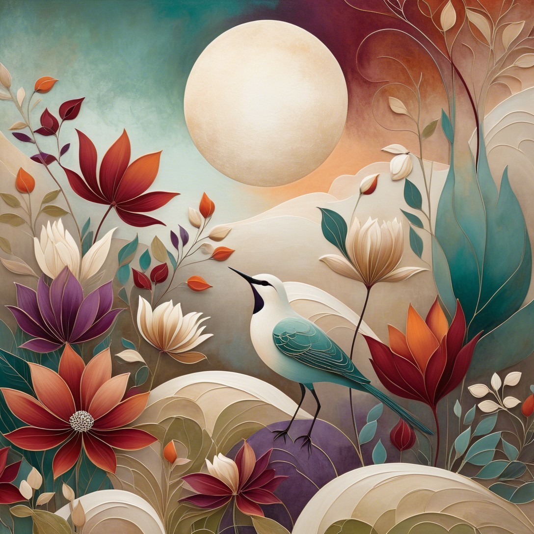 Vibrant Stylized Landscape with Colorful Bird and Sun