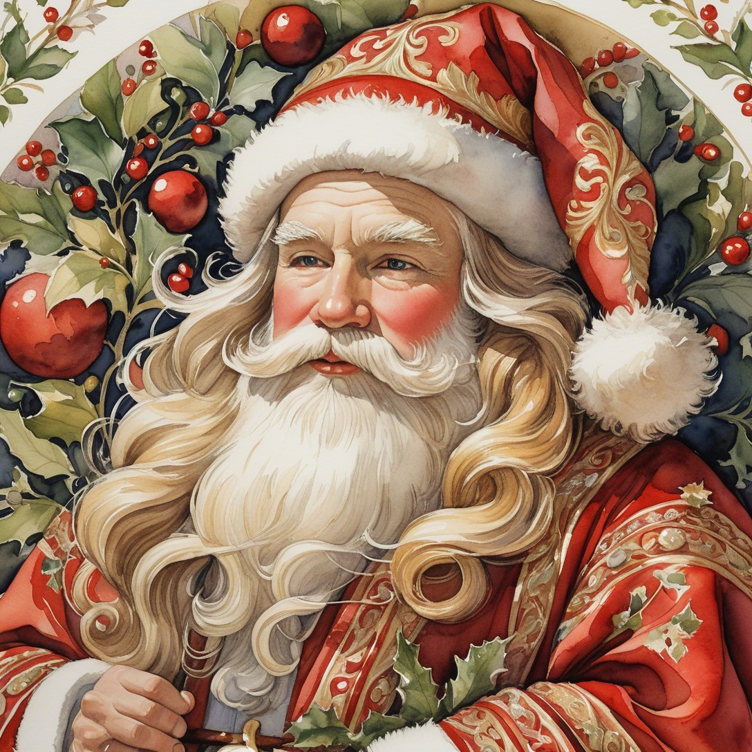 Jolly Santa Claus in Red Robe Surrounded by Holly