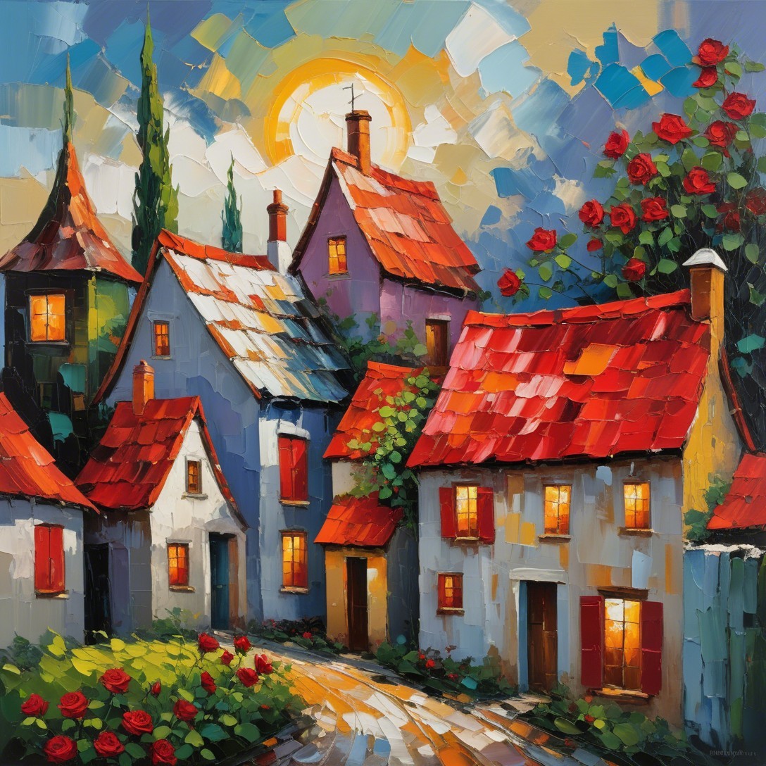 Vibrant Village Scene in Textured Impasto Oil Painting