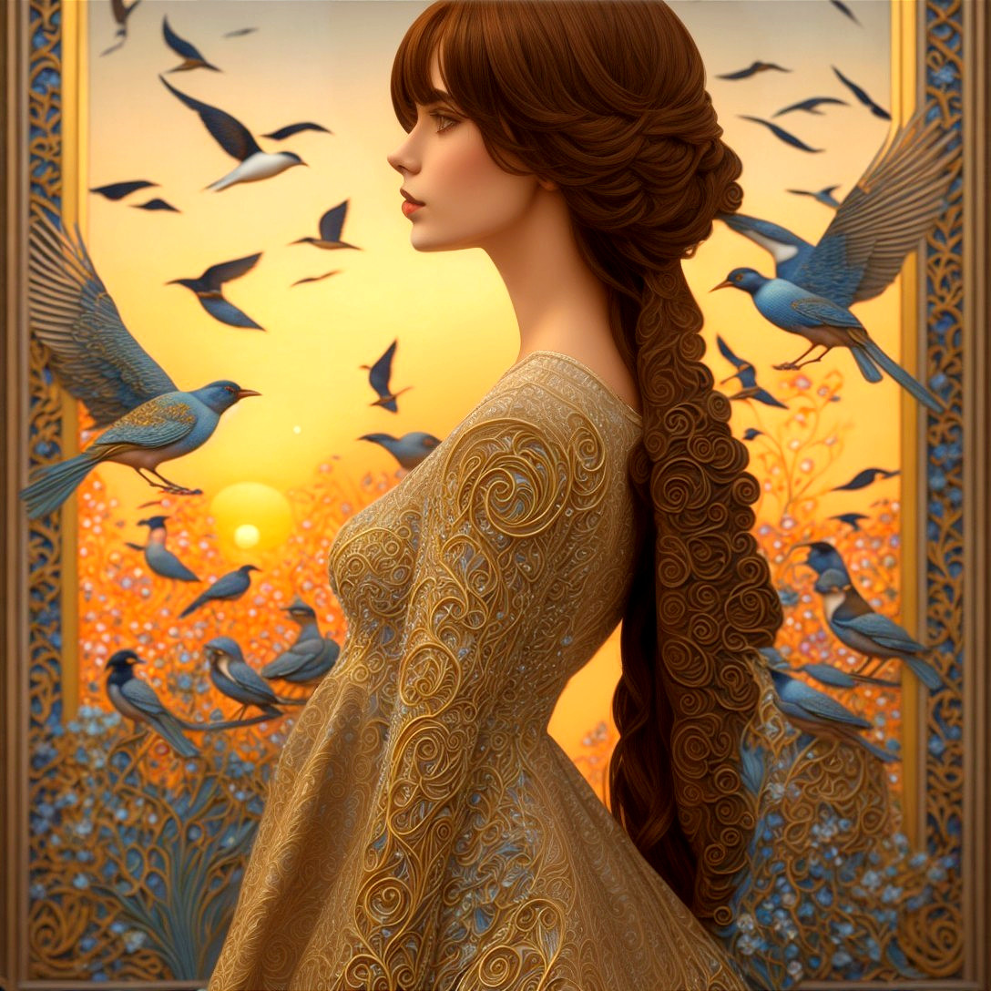 Detailed golden dress woman with blue birds in profile against sunset backdrop