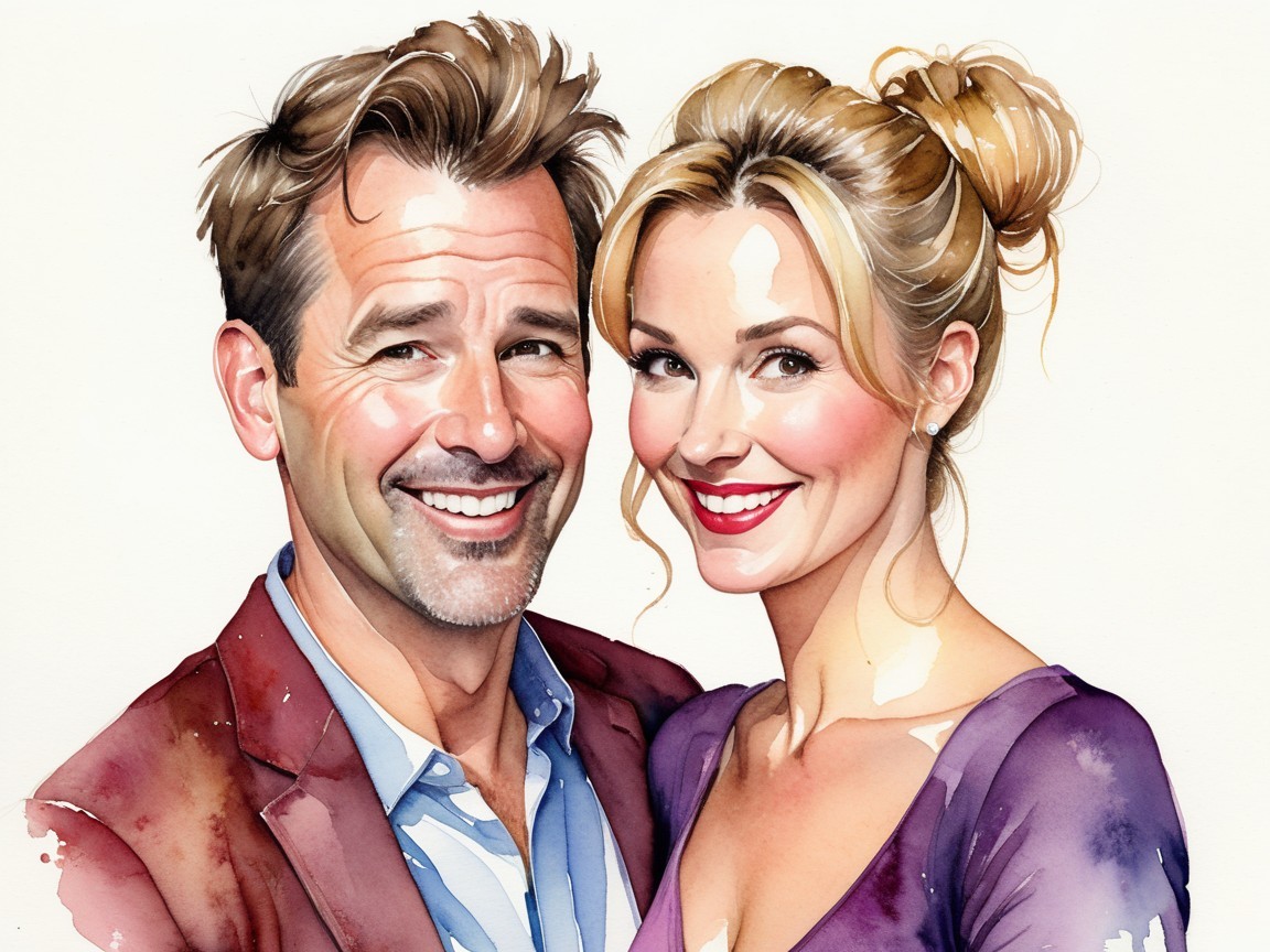 Vibrant illustration of a smiling couple in casual attire