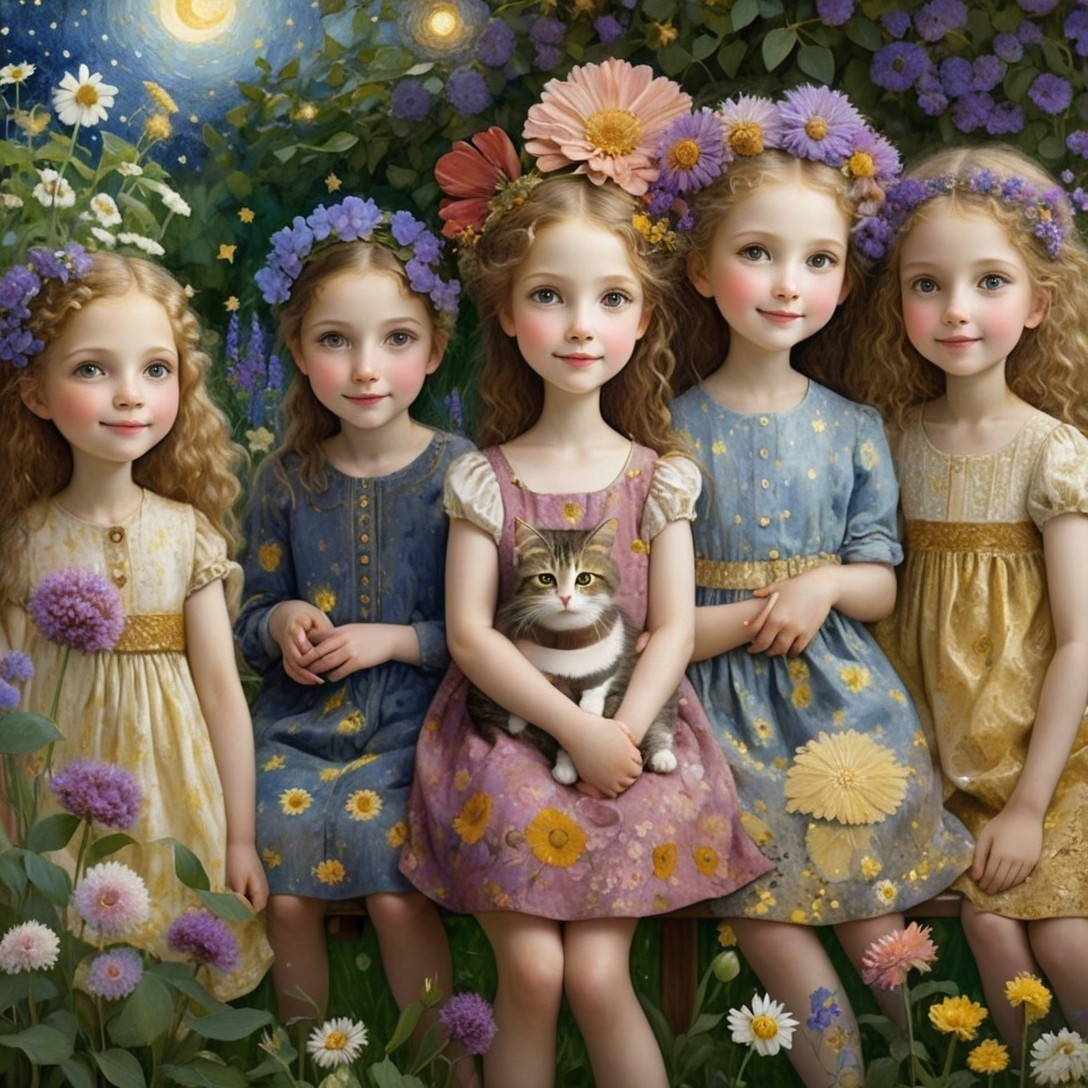 Five Girls on a Bench Surrounded by Garden Flowers