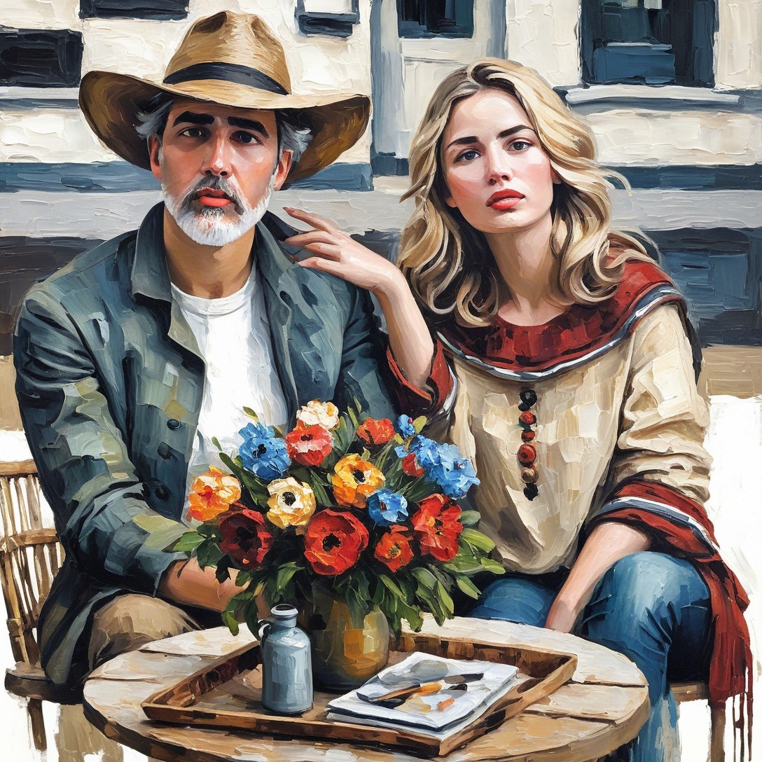 Couple at Rustic Table with Vibrant Flowers in Impressionism
