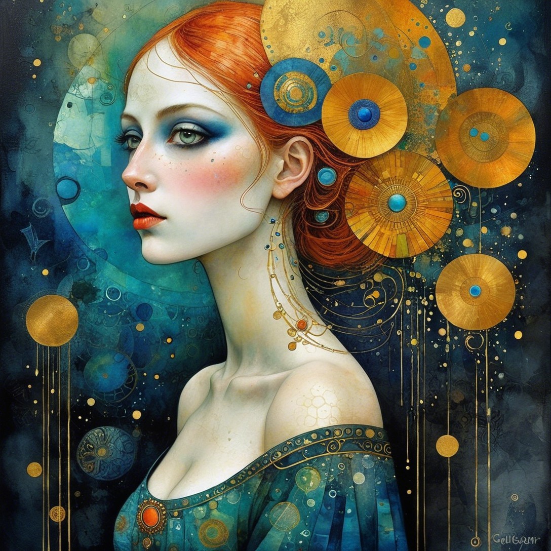Graceful Woman with Red Hair and Geometric Patterns