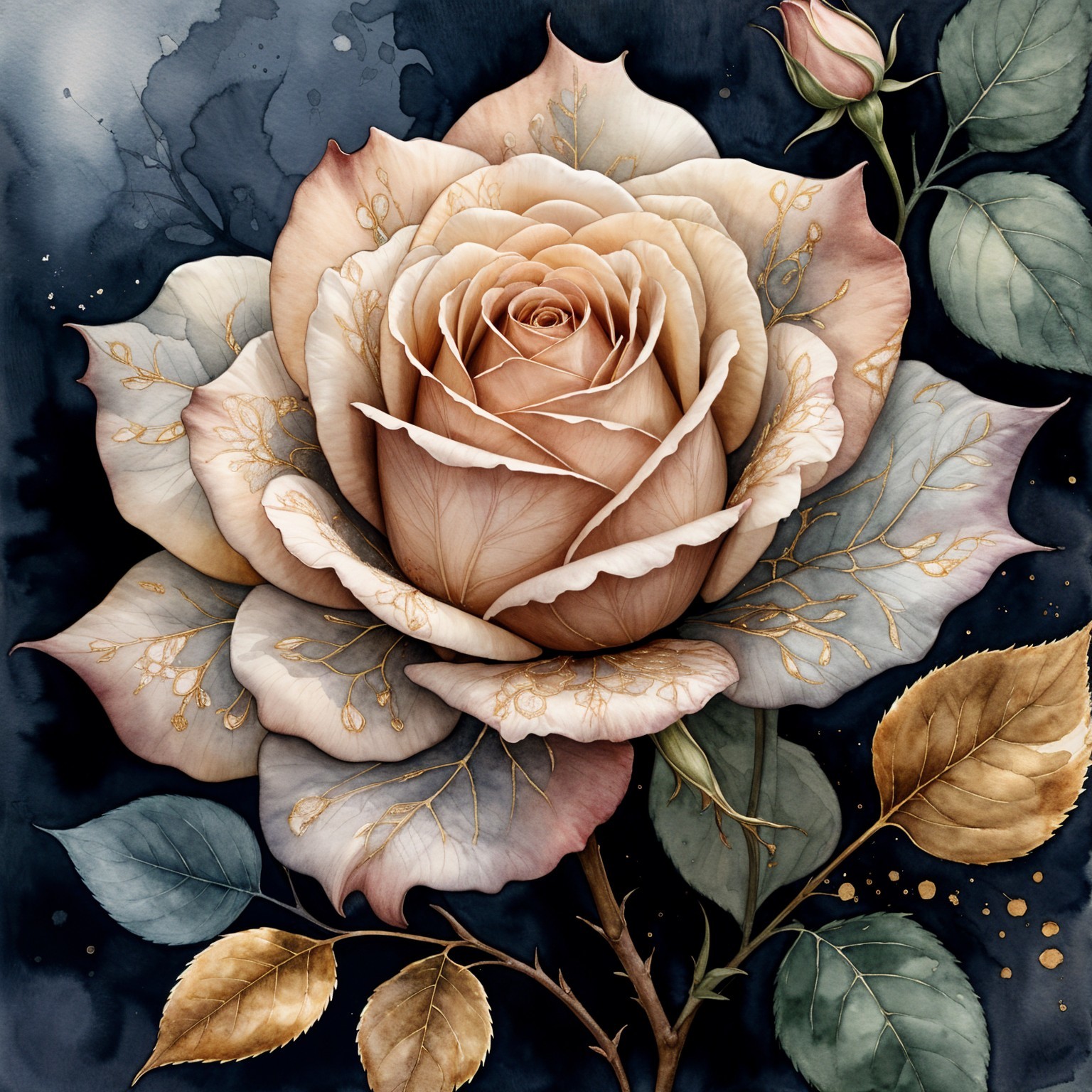 Detailed Illustration of a Beige Rose with Gold Accents