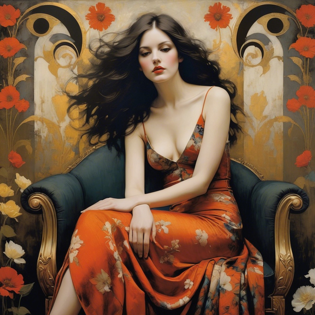 Elegant Woman in Floral Dress on Ornate Chair